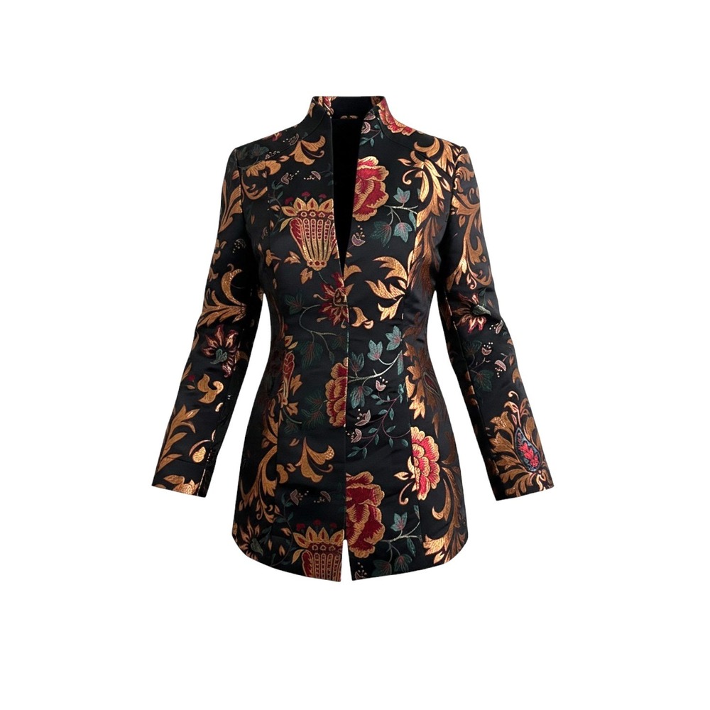 Soft Surroundings Black Gold Floral Brocade Mandarin Jacket Moon Dynasty Large